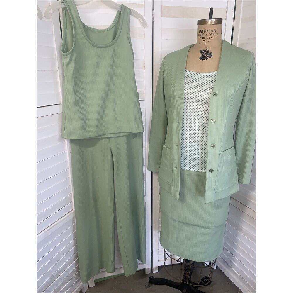 Handmade 70s Green Polyester 5 Piece Tank Blouse Skirt Pants Jacket Green Set